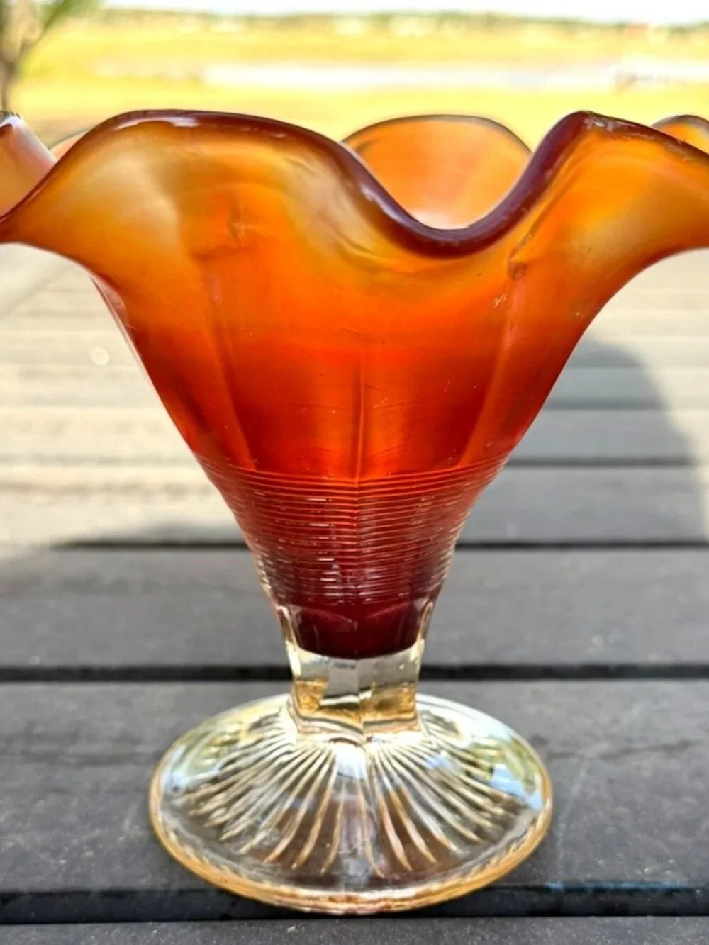 Antique Fenton Fine Rib Marigold Carnival Glass Footed Ruffled Vase c1910